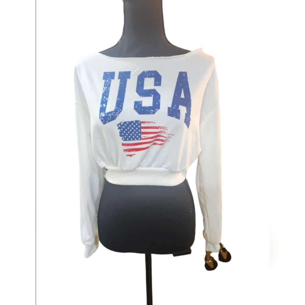 SHEIN Cropped White Sweatshirt USA Flag Off The Shoulder XS NWOT
